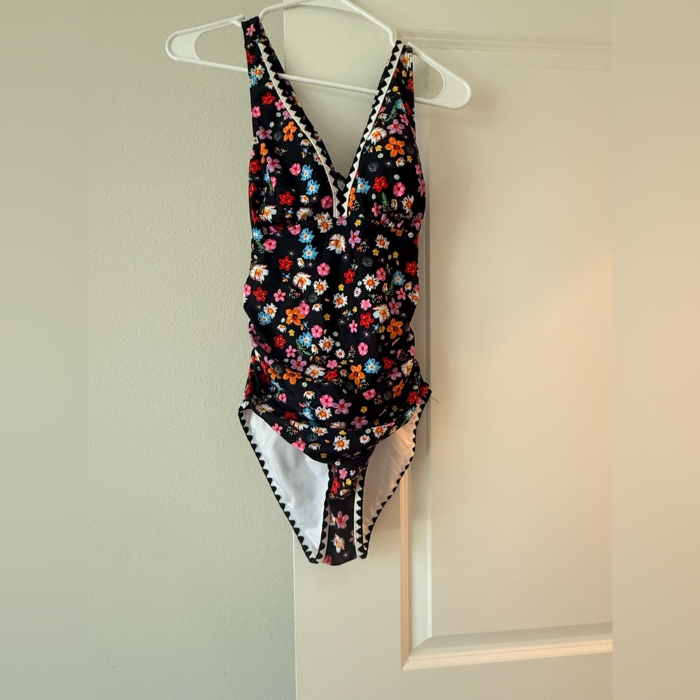 Black Floral One-Piece Swimsuit with V-Neck